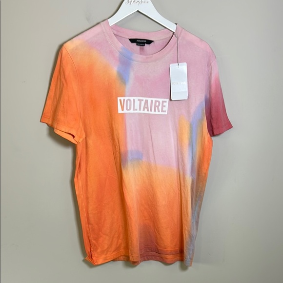 Zadig and Voltaire Tie Dye Logo Tee Orange Pink Mens crewneck short sleeve M NEW - Picture 2 of 12
